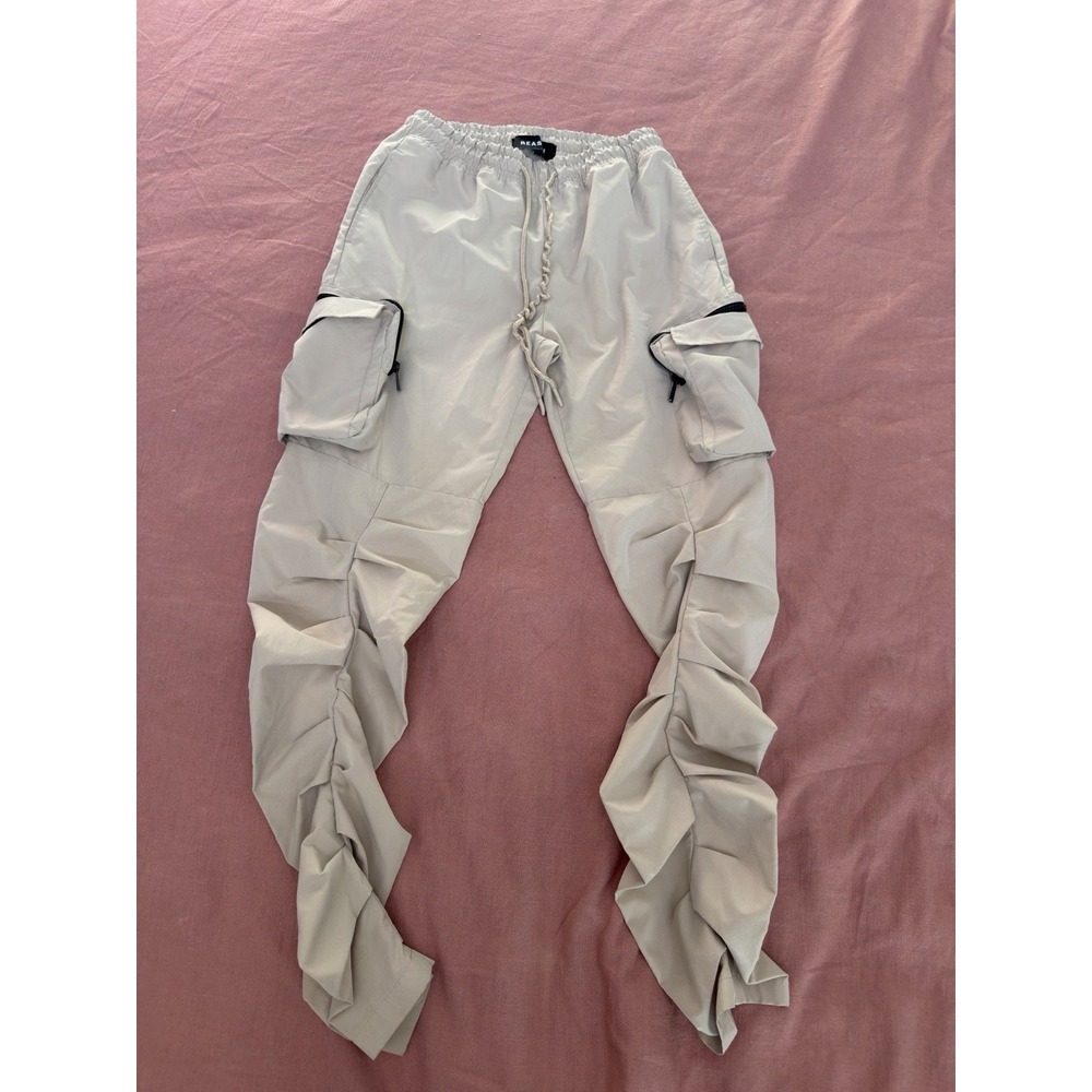 Reason Mens Stacked Ruched Cargo Pants Nylon Streetwear Joggers Tan Beige M⁠